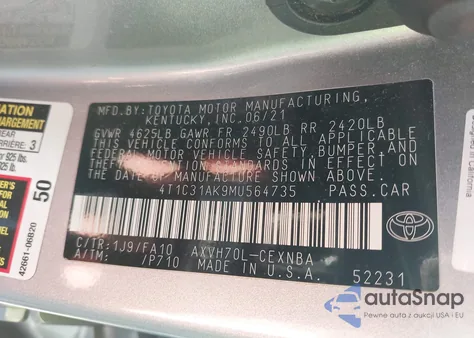 2021 Toyota Camry Le Hybrid from USA, damaged, VIN 4T1C31AK9MU564735